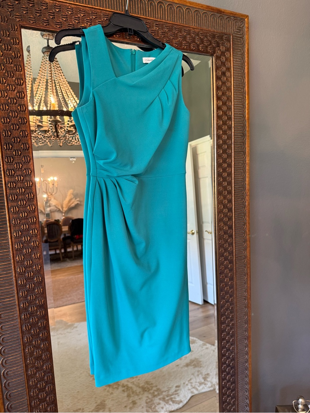 Calvin Klein Teal Draped Midi Sheath Dress